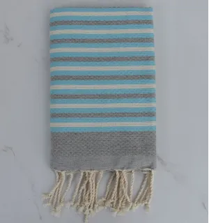 Fouta nid d'abeille rayée 1 cm gri, bleu azur et blan crème 