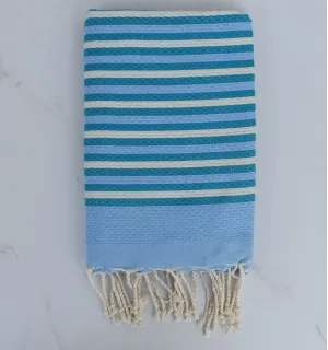 Fouta nid d'abeille bleu, blanc crème et bleu canard rayée 1 cm