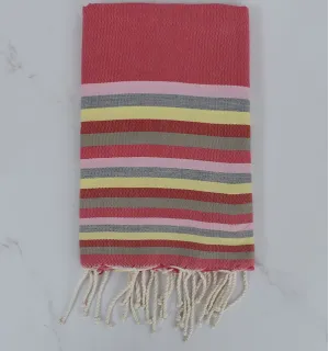 Fouta plano rosa,rayas rosa claro, gris, amarillo, rojo y verde pálido