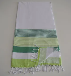 Fouta éponge blanc, vert et vert anis 