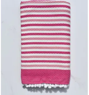 Fouta blanc cassé et rose avec pompons