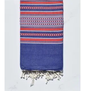 Fouta arabesque bleu jean et rouge