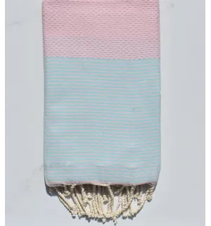 Fouta nid d'abeille rose clair rayée turquoise