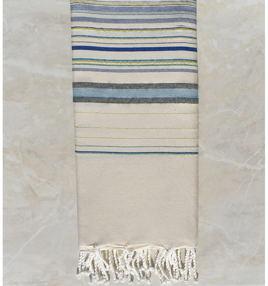 Toalla de playa gigante crema blanca fadhila y azul con lurex 2m*3m