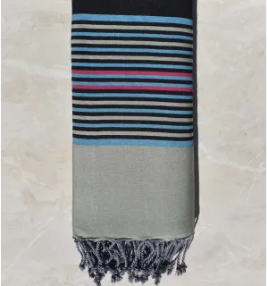 Fouta gigante gris negro con rayas azul claro, verde pálido y rosa 