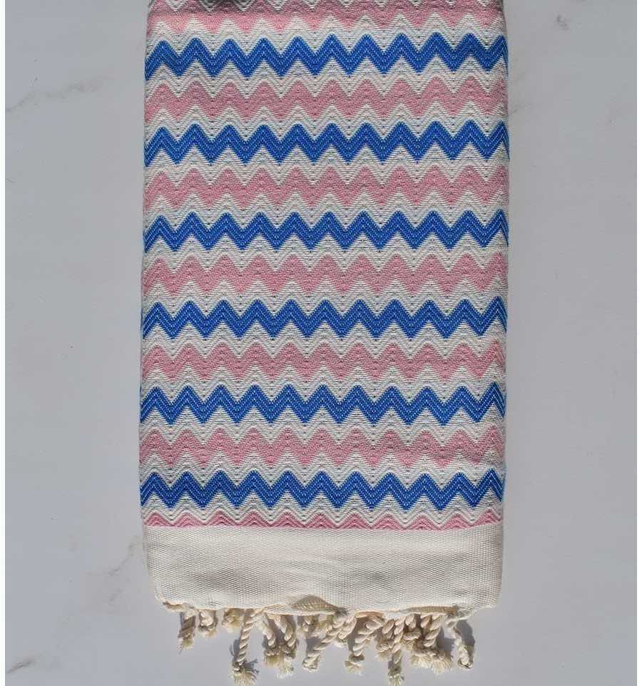 Fouta zigzag crudo  rosa y azul