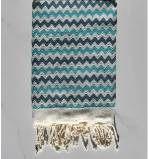 Toalla de playa de zigzag Crema , azul cobalto y turquesa.