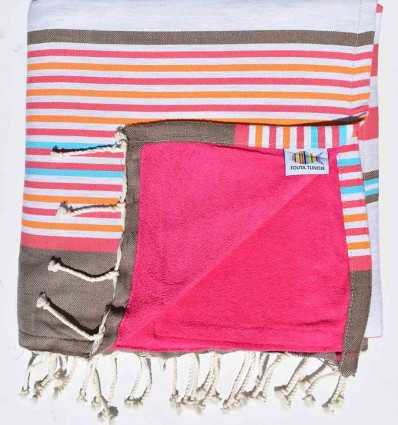 toalla de playa duplicado esponja fucsia rosa, corindon beige gris, naranja, azul