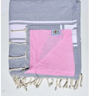 toalla de playa duplicado esponja gris claro y rosa Fouta Tunisia - 1