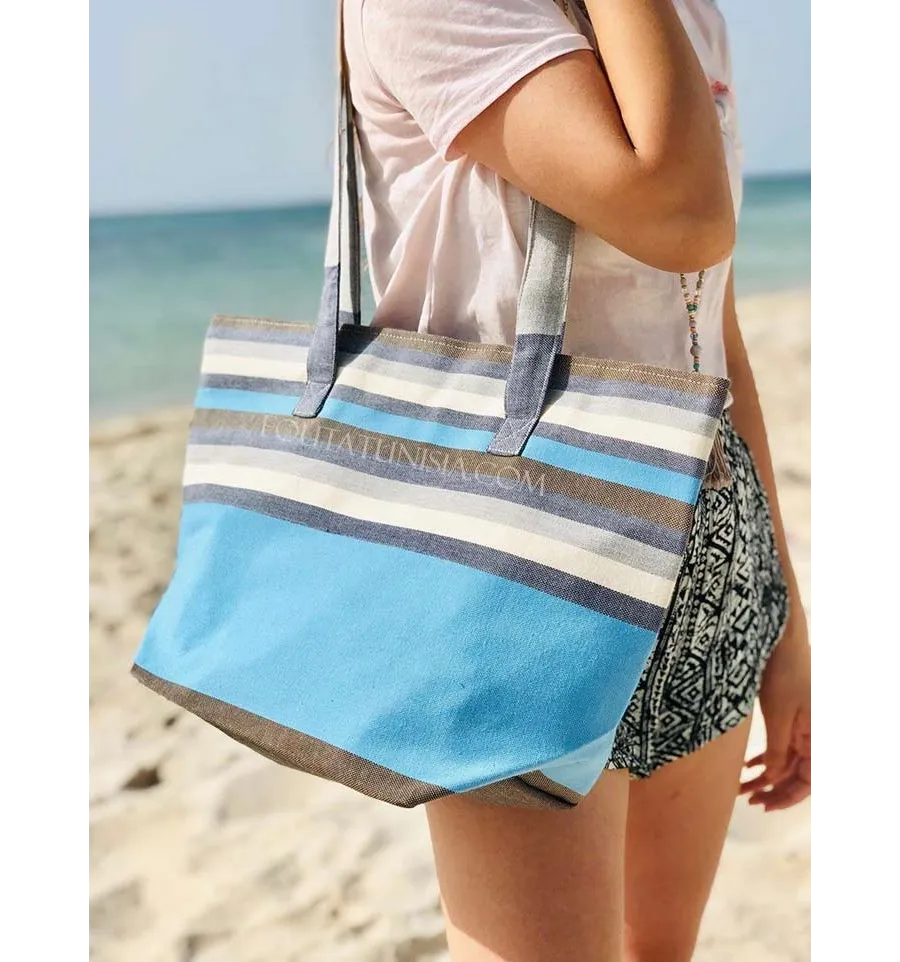 Bolsa de playa Toalla de playa 5 colores Jeans azul cielo, blanco, gris, naranja, marrón y azul Fouta Tunisia - 1