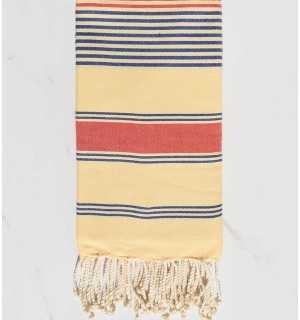 Toalla de playa Dina en amarillo crema, azul jean y rojo coral Fouta Tunisia - 1