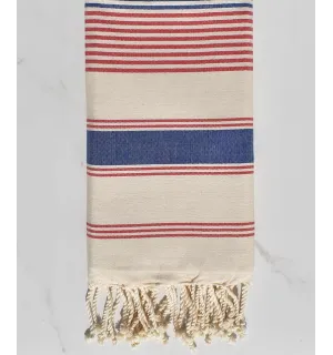 Toalla de playa dina crema blanca, roja y jean azul Fouta Tunisia - 1