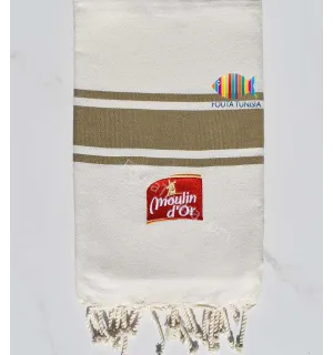Toalla de playa blanco crema rayas caqui bordado moulin d'or Fouta Tunisia - 1