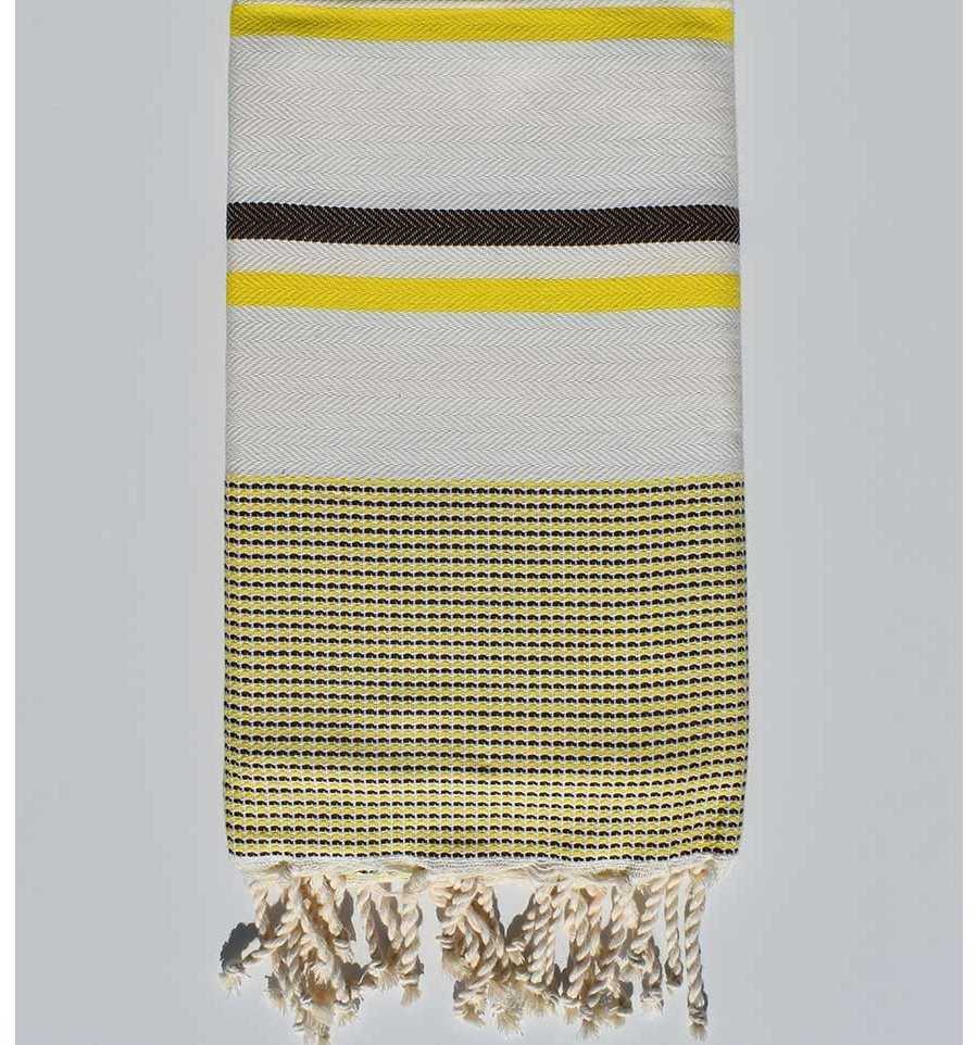 Toalla de playa chevron blanco crema, amarillo neón y marrón Fouta Tunisia - 1