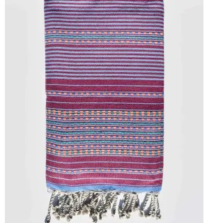 Toalla de playa arabesco magenta oscuro con rayas azules Fouta Tunisia - 1