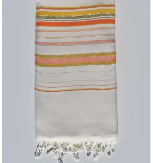 Toalla de playa gigante Fadhila blanco crema, naranja y mostaza con lurex Fouta Tunisia - 1